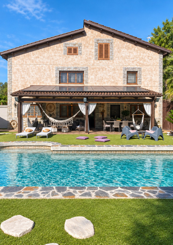Three-storey rustic house with swimming pool, garden and large covered porch