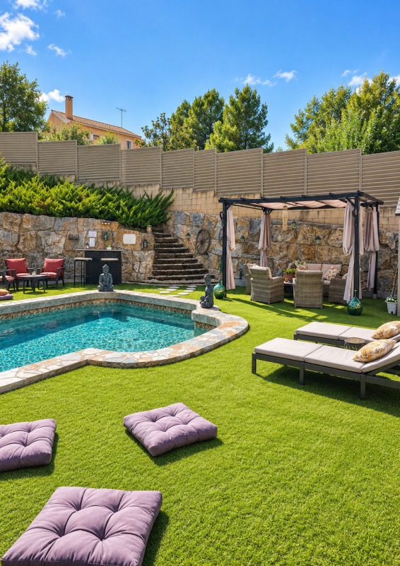 Three-storey rustic house with swimming pool, garden and large covered porch